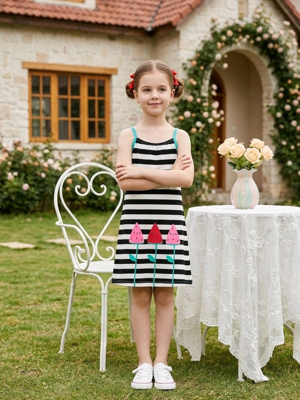 Girl's  Black & White Striped Cotton Dress